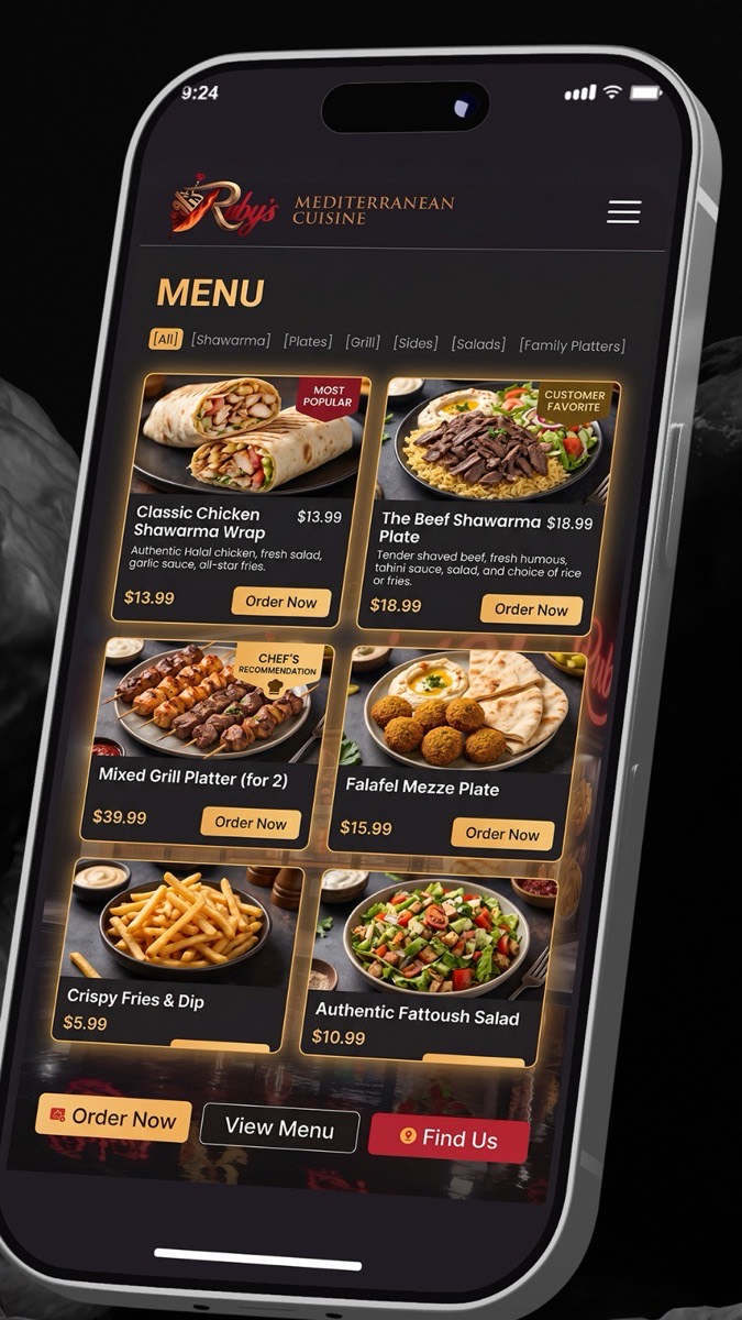 Ruby's Mediterranean Cuisine online menu with dish photography and ordering