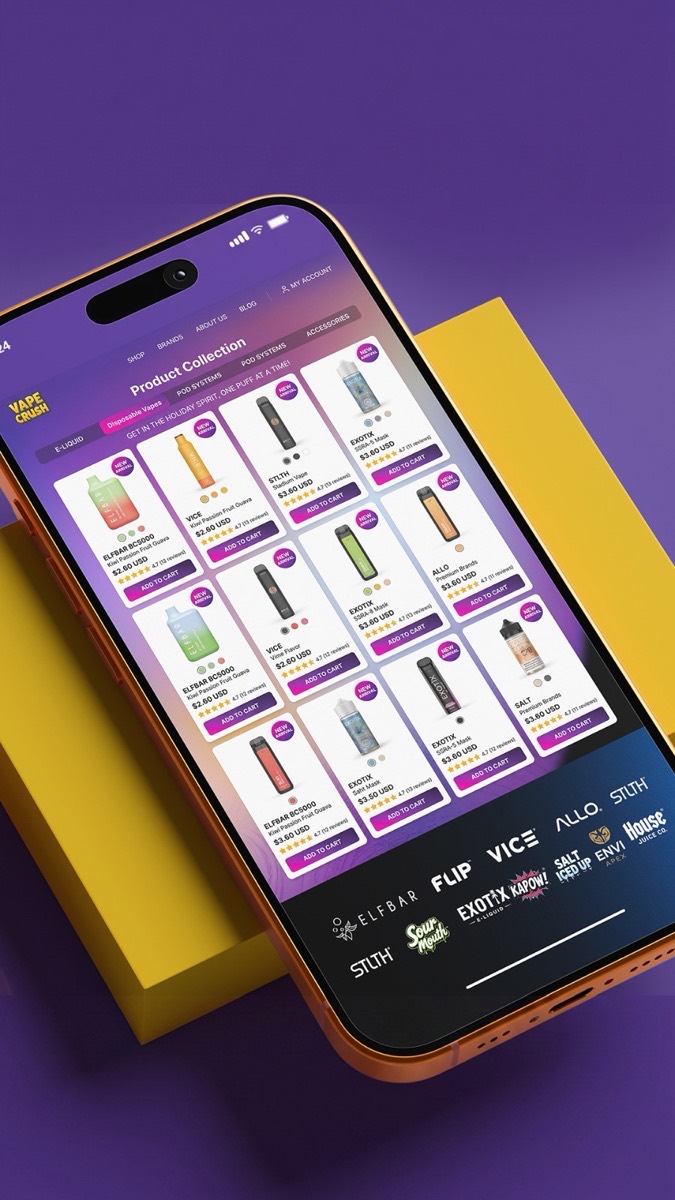 VapeCrush mobile product catalog with filterable product grid