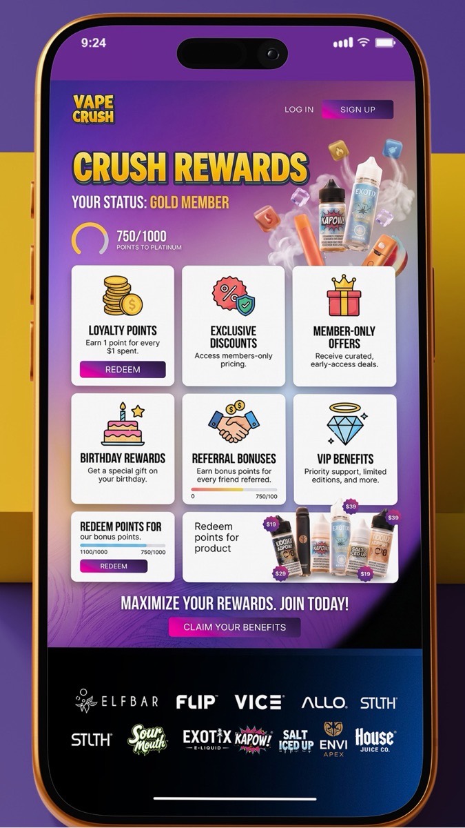 VapeCrush Crush Rewards loyalty program page with points and referrals